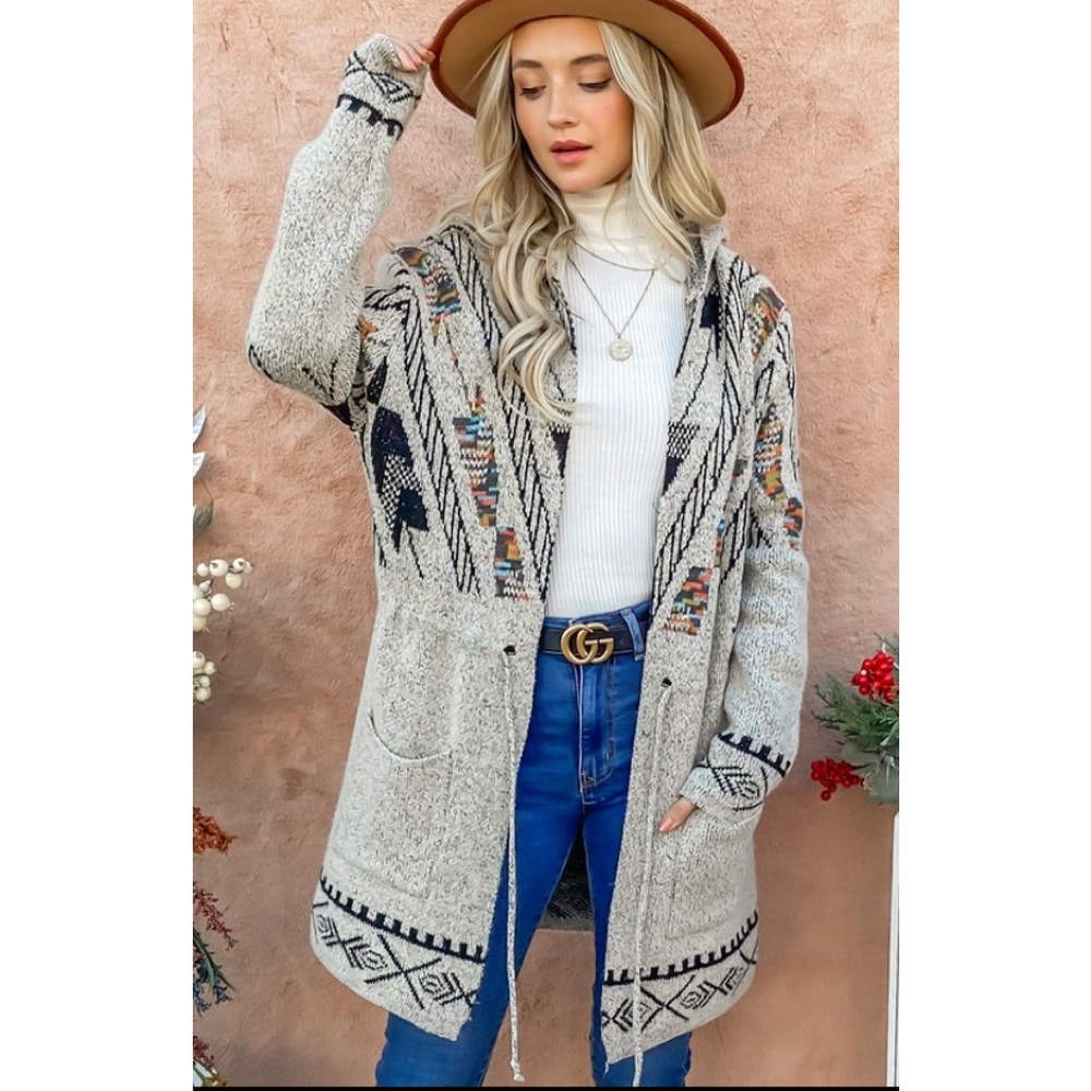 Aztec print hoodie cardigan sweater with waist drawstring. - Picture 4 of 7